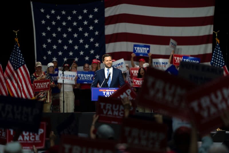Republican vice presidential candidate Sen. JD Vance, R-Ohio, speaks during a campaign event in Reno, Nev., Tuesday, July 30, 2024. | Jae C. Hong