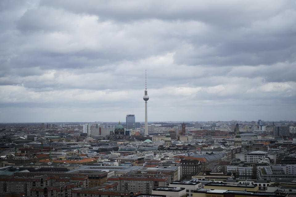 In this Friday, March 13, 2020 file photo, the television tower stands under clouds in the German capital Berlin, Germany. Berlin is considered one of the main hotspots for start-ups and technology companies in Europe. (AP Photo/Markus Schreiber)