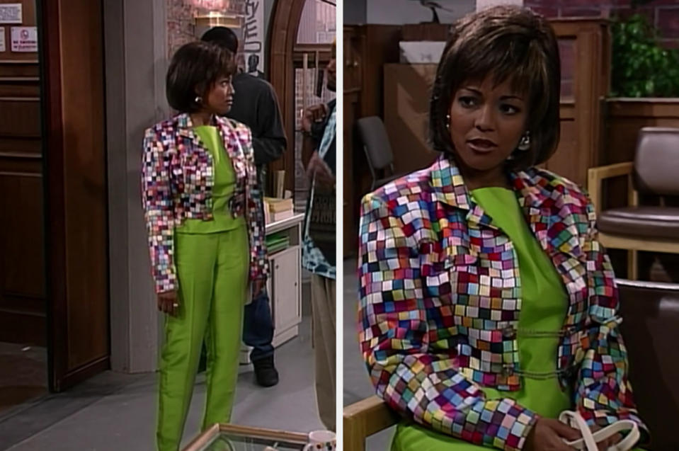 Kim Fields as character Regine Hunter wears a lime green pantsuit and a colorful checkered jacket in "Living Single"