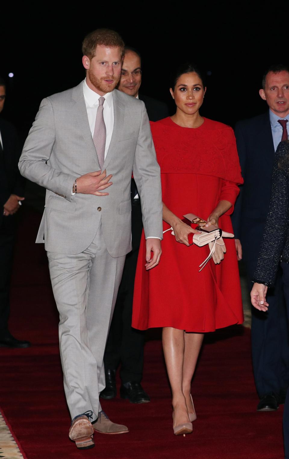 For her royal visit to Morocco, Markle channeled Old Hollywood glamour with a red cape dress.