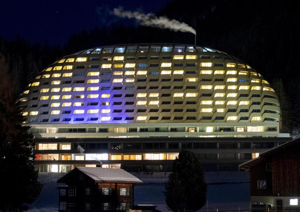 The hotel Intercontinental is photographed in Davos, Switzerland, Monday, Jan. 20, 2020. US President Donald Trump is due to stay at the hotel for one night during his two-days visit to the World Economic Forum. The World Economic Forum will start on Tuesday. (AP Photo/Michael Probst)