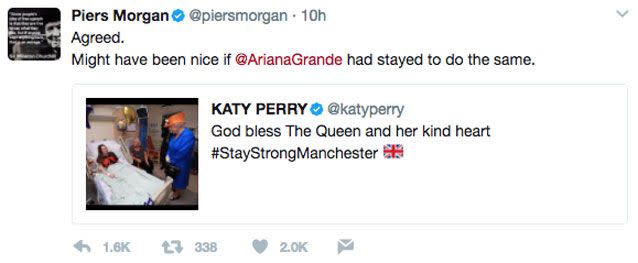 The TV presenter praised the Queen's actions but has criticised Ariana Grande for not doing the same. Source: Twitter
