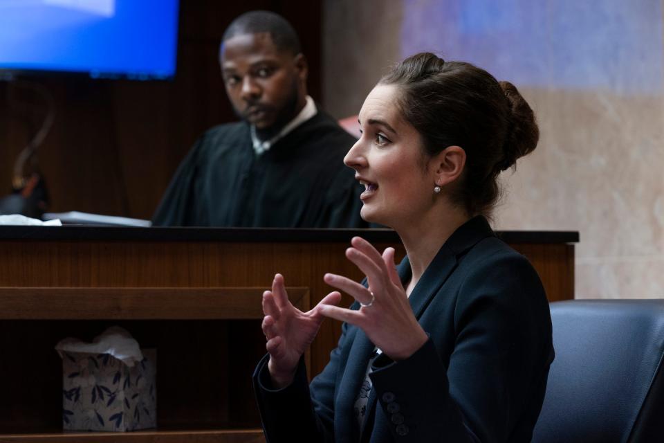 Forensic psychiatrist Dr. Lisa Anacker gives testimony about Ethan Crumbley in the Oakland County Courtroom of Kwame Rowe on Friday, Aug. 18, 2023, in Pontiac, Mich. The Oakland County prosecutors are making their case that Crumbley, a teenager, should be sentenced to life without parole for killing four students and injuring seven others at Oxford High School in 2021.