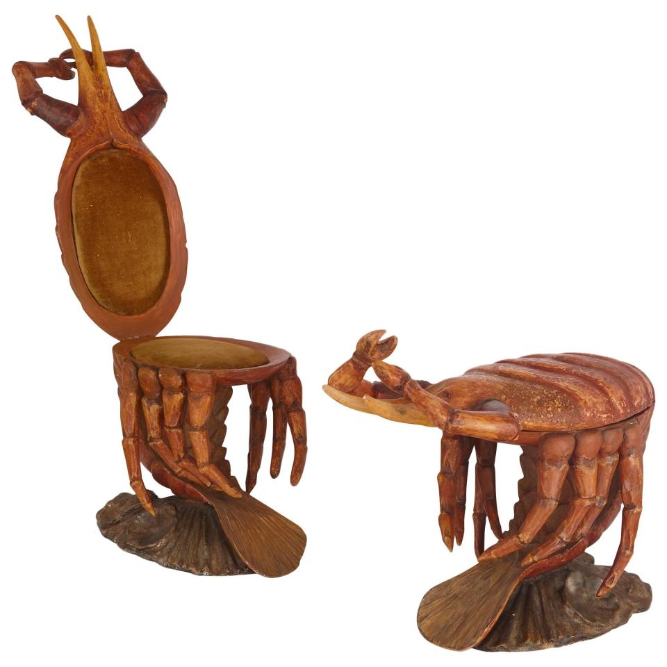 A bold response to the aristocratic 19th-century fashion for designing entire rooms to resemble grottoes, Venetian grotto furniture like these outlandish crustaceans were prized as fashionably camp curiosities when Syrie Maugham and other tastemakers began deploying them in the 1920s.