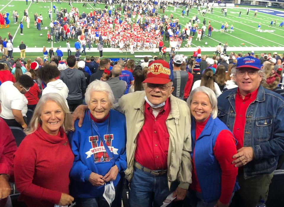Alice and Jim Niven celebrate Westlake's 2021 state championship victory over Denton Guyer at AT&T Stadium in Arlington with daughter Teri Waters, left, and friends Jana and Johnny Harrison, right.
