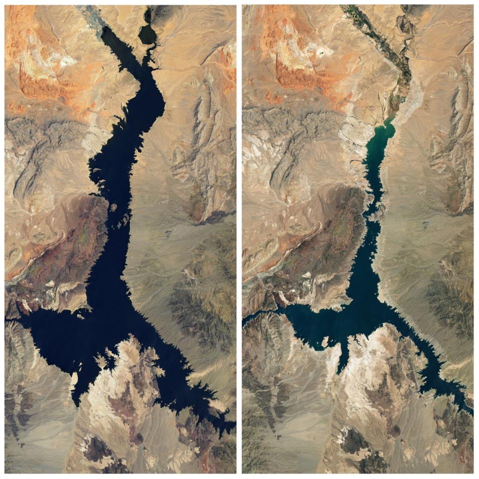 Before (left) and after (right). Nasa satellite images reveal how Lake Mead, on the Nevada-Arizona border, has shrunk between July 2000 and July 2022. (Nasa)