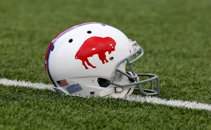 Sep 13, 2015; Orchard Park, NY, USA; A general view of a helmet worn by the Buffalo Bills before a game against the Indianapolis Colts at Ralph Wilson Stadium. Mandatory Credit: Timothy T. Ludwig-USA TODAY Sports