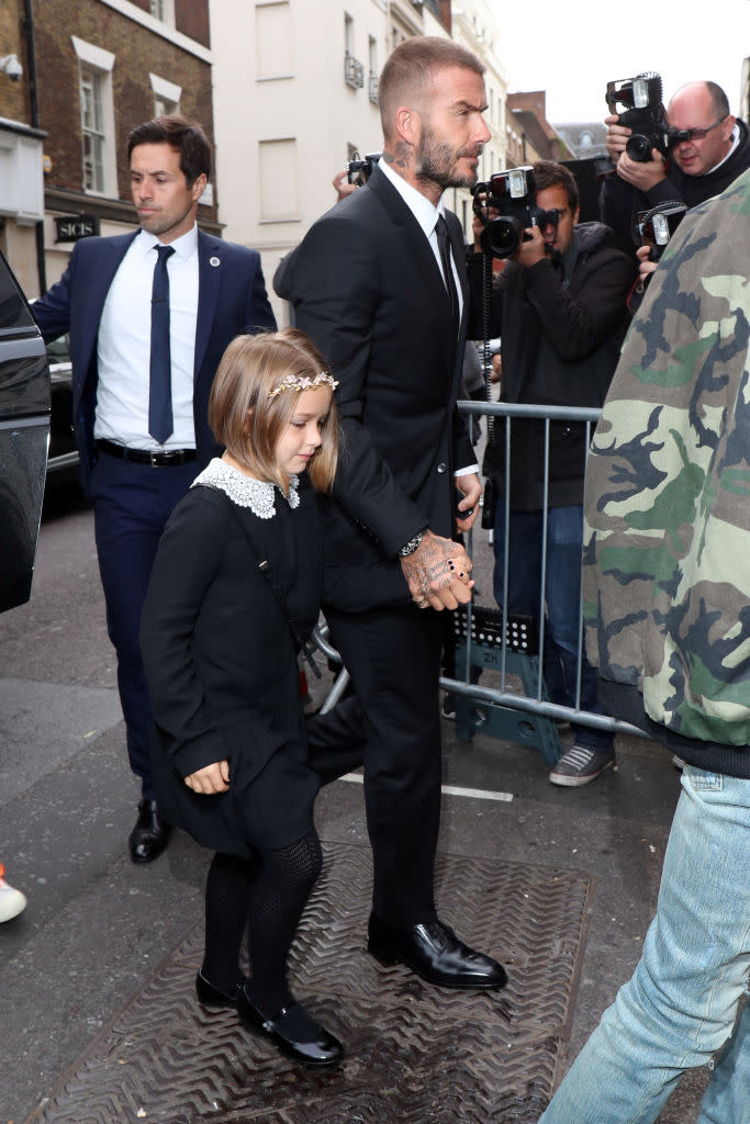 David Beckham arrived at the 10th anniversary show hand-in-hand with the couple’s daughter, Harper [Photo: Getty]