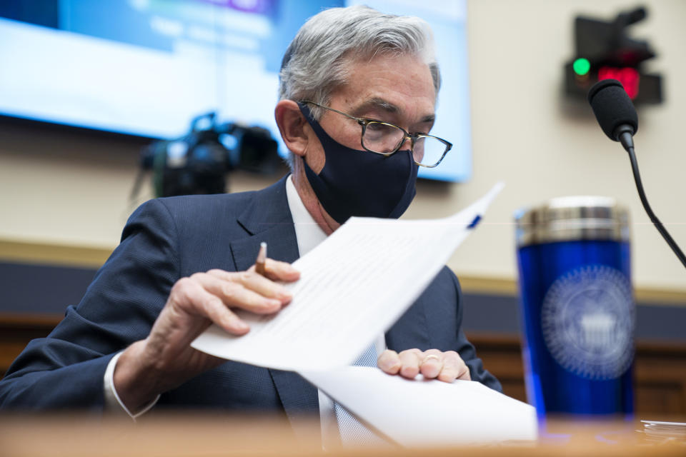 Federal Reserve Chair Jerome Powell prepares to testify before a House Financial Services Committee hearing on Capitol Hill in Washington, Wednesday, Dec. 2, 2020. (Jim Lo Scalzo/Pool via AP)