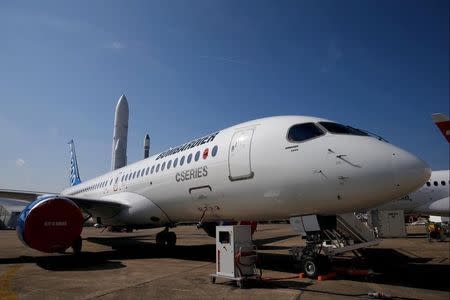 A Bombardier CS300 airplane is seen on a static display two days before the opening of the 51st Paris Air Show at Le Bourget airport near Paris June 13, 2015. REUTERS/Pascal Rossignol
