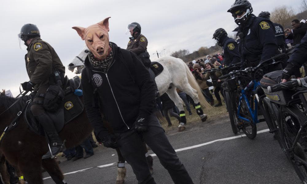 Antifascist protestors marching towards Michigan State University where alt-right leader, Richard Spencer, addressed an almost empty audience on 5 March.