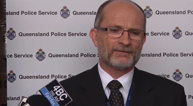 Acting Detective Superintendent Mark Slater speaking to the press about the raids. Source: QPS media.
