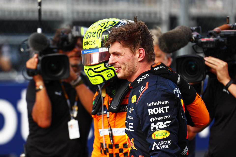MIAMI, FLORIDA - MAY 05: Second placed Max Verstappen of the Netherlands and Oracle Red Bull Racing and Race winner Lando Norris of Great Britain and McLaren celebrate in parc ferme during the F1 Grand Prix of Miami at Miami International Autodrome on May 05, 2024 in Miami, Florida. (Photo by Mark Thompson/Getty Images)