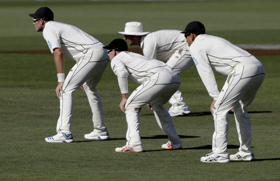 New Zealand slip fielders wait for a catch during play on day four of the second cricket test between New Zealand and Sri Lanka at Hagley Oval in Christchurch, New Zealand, Saturday, Dec. 29, 2018. (AP Photo/Mark Baker)