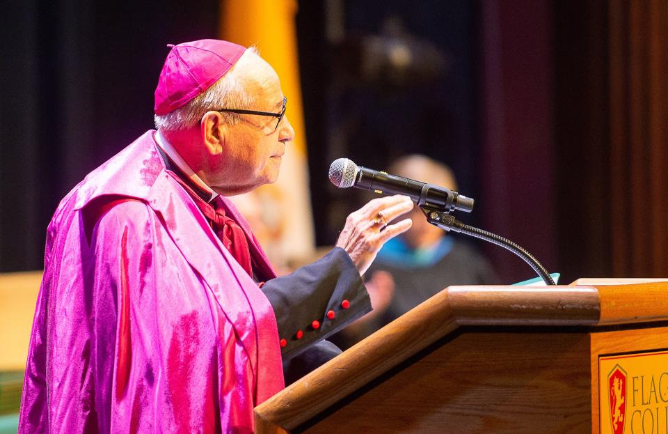 Bishop Felipe Estevez speaks to St. Joseph Academy's Cass of 2022 during the commencement ceremony at Flagler College on Friday, June 3, 2022.