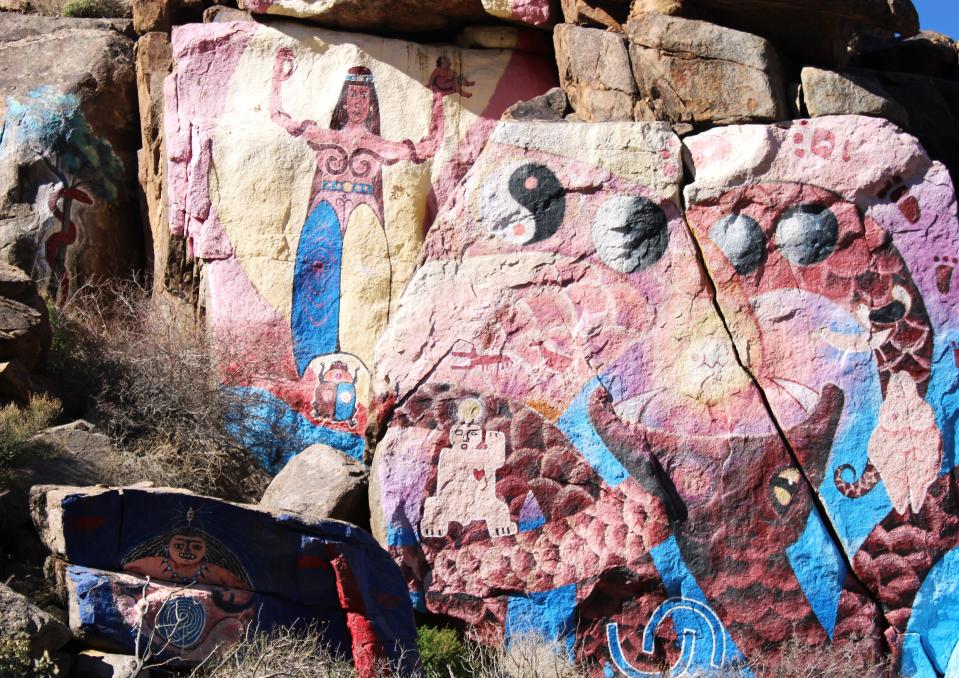 Two thousand feet of rock murals as seen on, March 21, 2024. Roy Purcell left his enduring imagination upon the hills of Chloride.