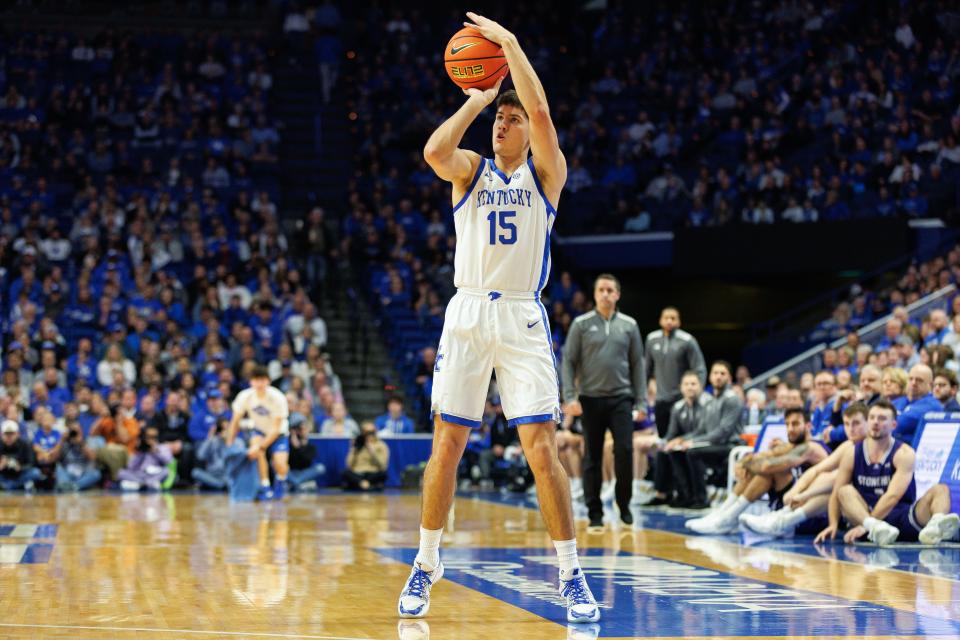 Kentucky Wildcats guard Reed Sheppard (15) makes a three point basket during the second half against the Stonehill Skyhawks at Rupp Arena at Central Bank Center.