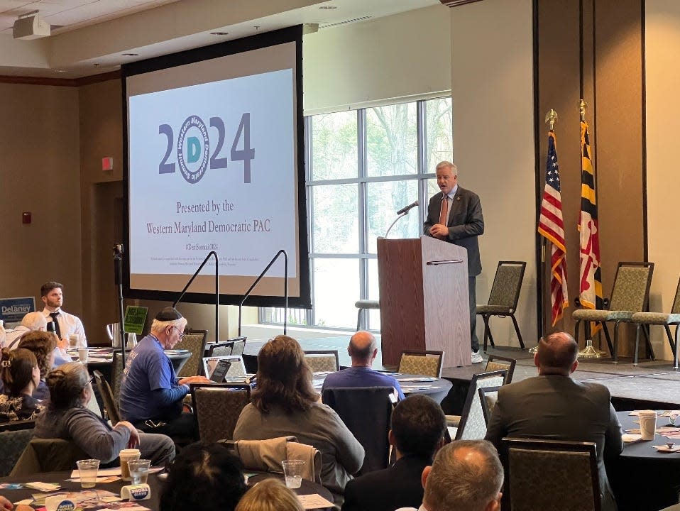 At lectern, U.S. Rep. David Trone, D-6th, speaks to attendees at the Western Maryland Democratic Summit in Flintstone on April 13, 2024. Trone is seeking a seat in the U.S. Senate.