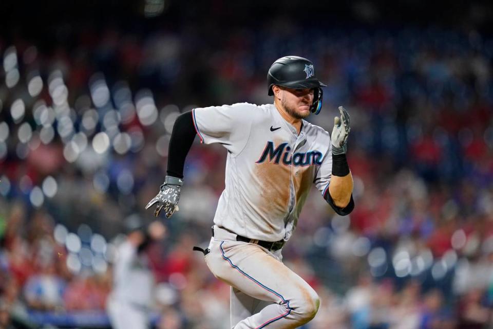 Miami Marlins’ Charles Leblanc plays during a baseball game, Wednesday, Aug. 10, 2022, in Philadelphia. (AP Photo/Matt Slocum)