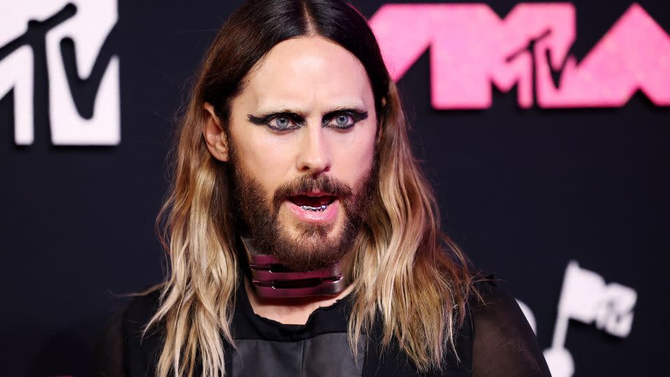 Jared Leto looked vampish in an all-black look and smoky eyeshadow. The actor and singer, whose band Thirty Seconds to Mars was nominated in the Best Alternative category, capped off the look with blocky, futuristic metal bangles and collar.  - Andrew Kelly/Reuters