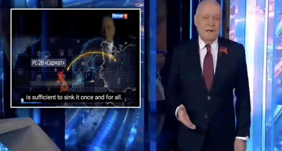 A Russian TV host demonstrates how the UK can be wiped out with a nuclear bomb.