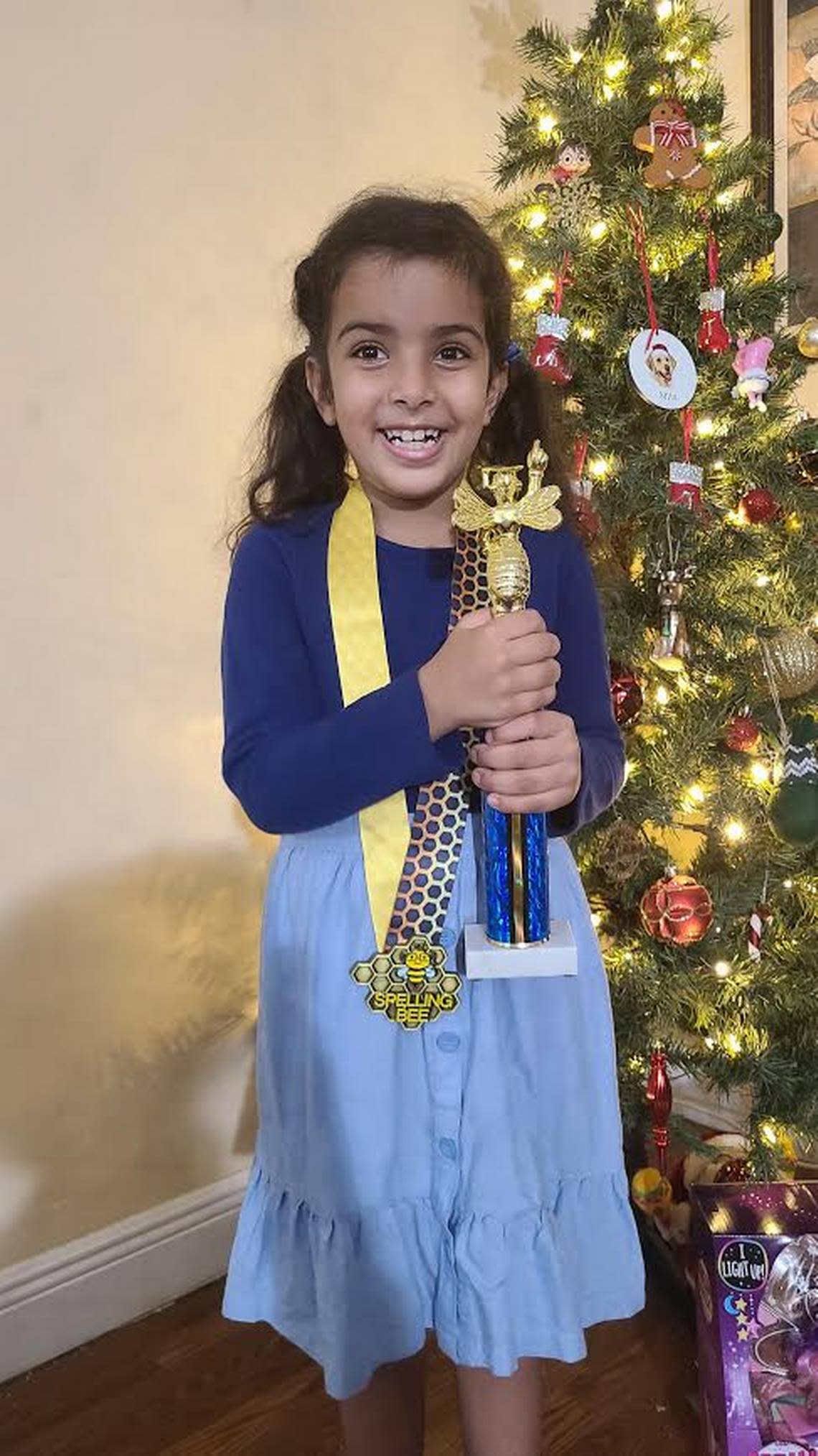 Judie ElAttar, a second-grader at David Fairchild Elementary School in Miami, won the school’s spelling bee for the second time on Dec. 14, 2022. In March, she will compete in the Miami Herald Spelling Bee. Amira Gewaife, Judie’s mom