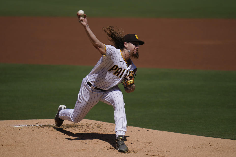 San Diego Padres starting pitcher Mike Clevinger works against a Los Angeles Angels batter during the first inning of a baseball game Wednesday, Sept. 23, 2020, in San Diego. (AP Photo/Gregory Bull)