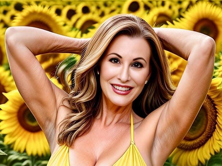 An AI-generated image of OnlyFans model and adult content creator Elaina St James in a yellow bikini in a field of sunflowers.