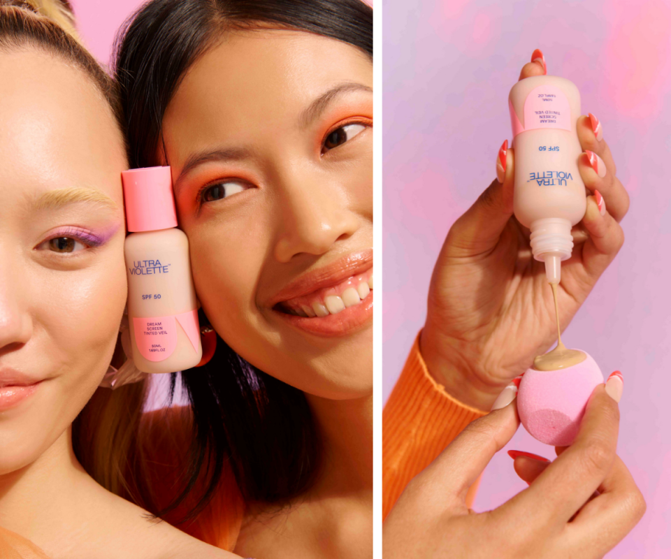 On the left, an olive-skinned women smiles with a bottle of Ultra Violette's Dream Screen in between her and another woman who is also smiling. On the right, a women's hand squeezes a bottle of Dream Screen upside down onto a sponge in front of a pink background.