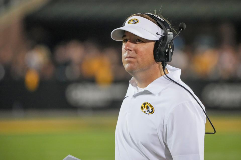 Aug 29, 2024; Columbia, Missouri, USA; Missouri Tigers head coach Eli Drinkwitz on the sidelines during a time out against the Murray State Racers during the first half at Faurot Field at Memorial Stadium. Mandatory Credit: Denny Medley-USA TODAY Sports