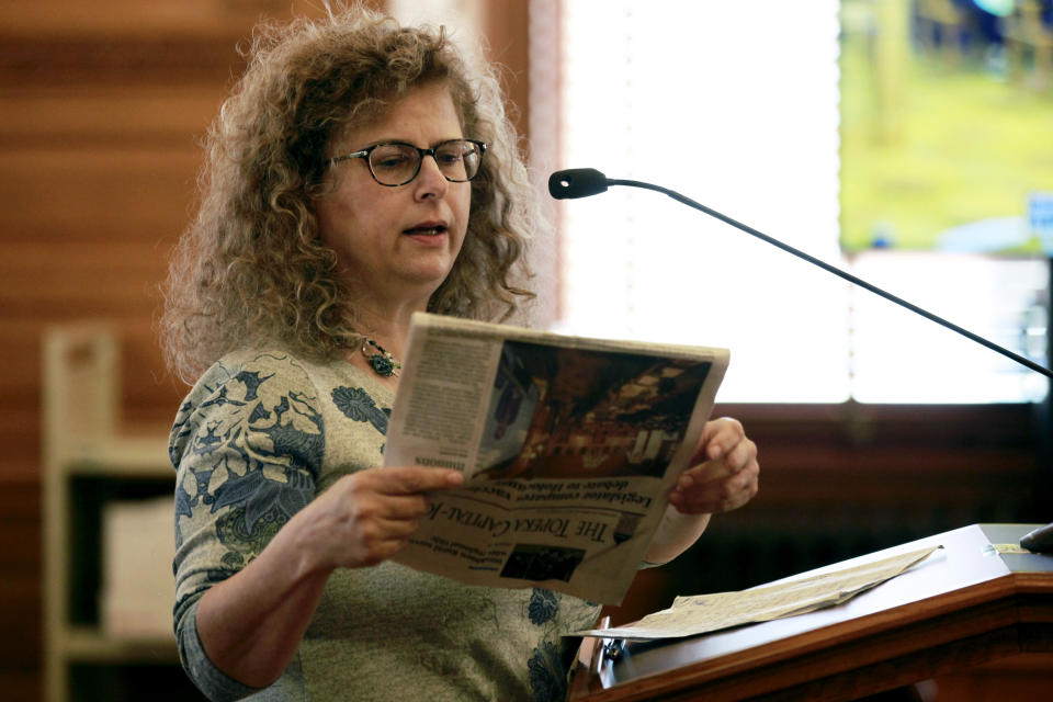 Sheila Sonnenschein, an Overland Park, Kan., resident, speaks to a legislative committee in support of COVID-19 vaccine mandates, Saturday, Oct. 30, 2021, at the Kansas Statehouse in Topeka, Kan. She was the only person to speak in favor of mandates Saturday and referred to a newspaper story about a comparison of them to the Holocaust that killed millions of Jews. She is Jewish and said the comparison is offensive. (AP Photo/John Hanna)