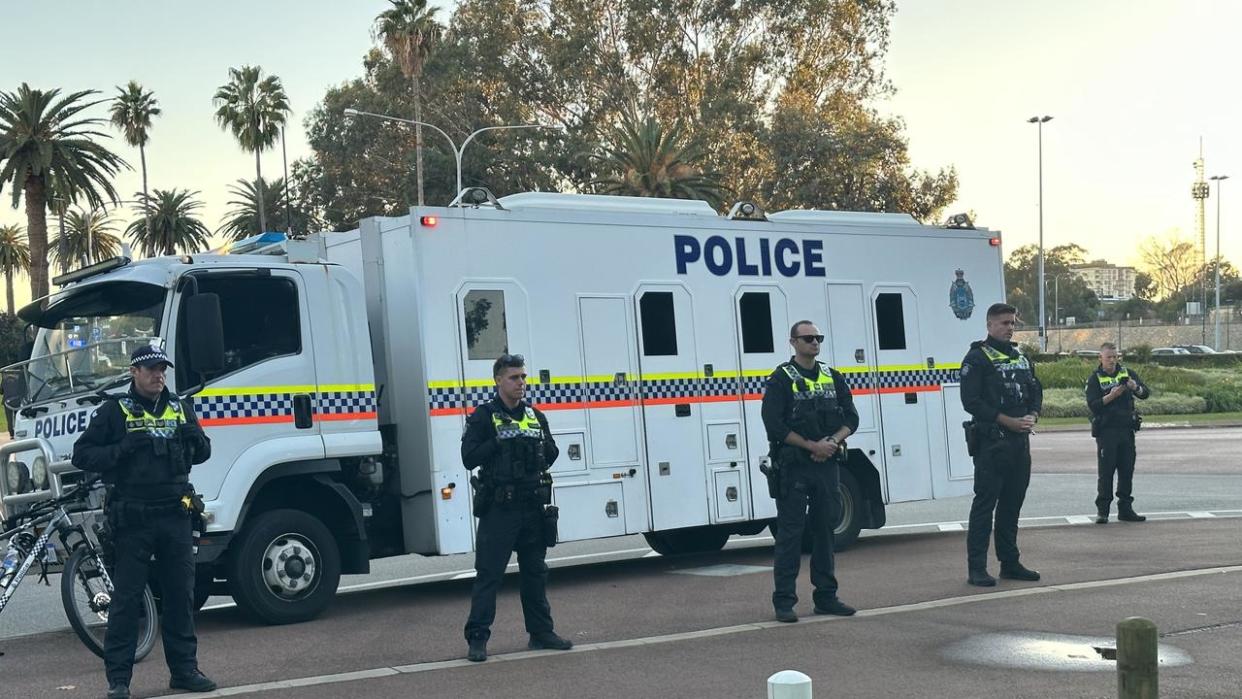 Police were on hand for the pro-Palestine student protesters rally against Anthony Albanese’s visit to Perth. Picture: NCA NewsWire / Emma Kirk