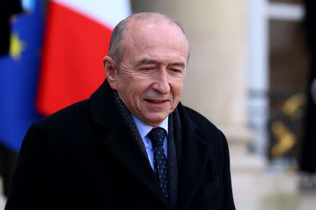 French Interior Minister Gerard Collomb leaves the Elysee Palace following the weekly cabinet meeting in Paris, France, February 21, 2018. REUTERS/Stephane Mahe