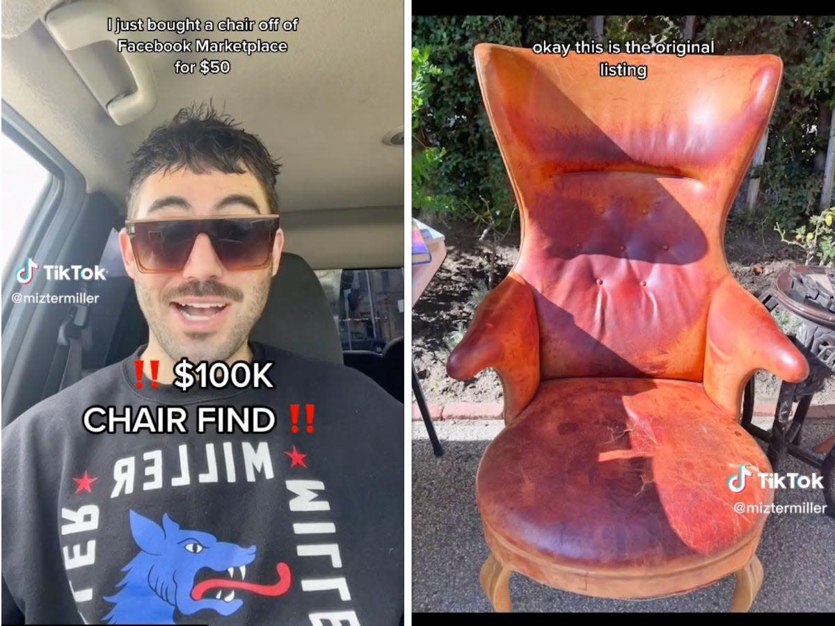 composite image: on the left, a screenshot of miller's TikTok about the chair showing Miller inside a car speaking with the text 