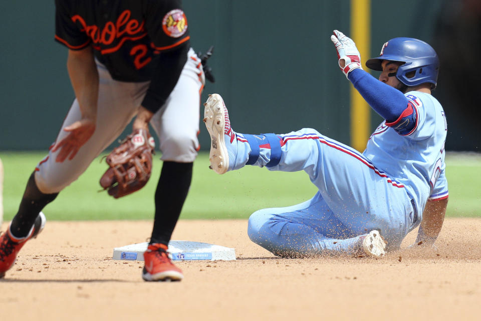 Texas Rangers catcher Jose Trevino (23) slides into second on a double in the fifth inning against the Baltimore Orioles during a baseball game on Sunday, April 18, 2021, in Dallas. (AP Photo/Richard W. Rodriguez)