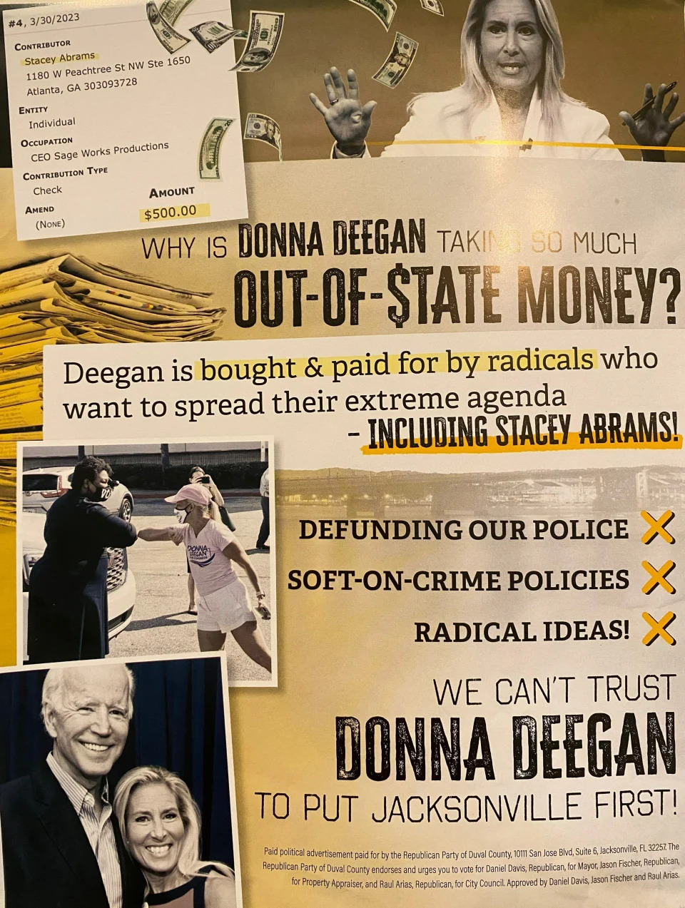 This postcard aims to cast doubt on Donna Deegan, the Democratic mayoral candidate, because out-of-state donors have contributed to her campaign. However, Duval County's elections website clearly shows her opponent, Republican Daniel Davis, has also accepted out-of-state contributions.