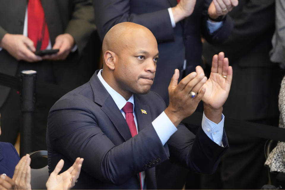 Gov. Wes Moore, D-Md., applauds as President Joe Biden speaks at the IBEW Local 26 union, Wednesday, Feb. 15, 2023, in Lanham, Md. (AP Photo/Alex Brandon)