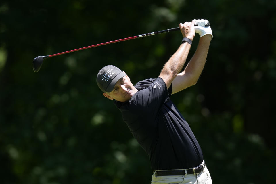Brendon Todd hits off the tee on the sixth hole during the final round of the John Deere Classic golf tournament, Sunday, July 9, 2023, at TPC Deere Run in Silvis, Ill. (AP Photo/Charlie Neibergall)