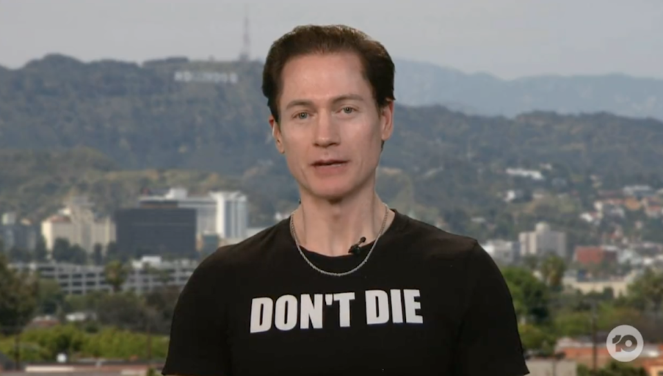 Millionaire Bryan Johnson in a 'don't die' tshirt 