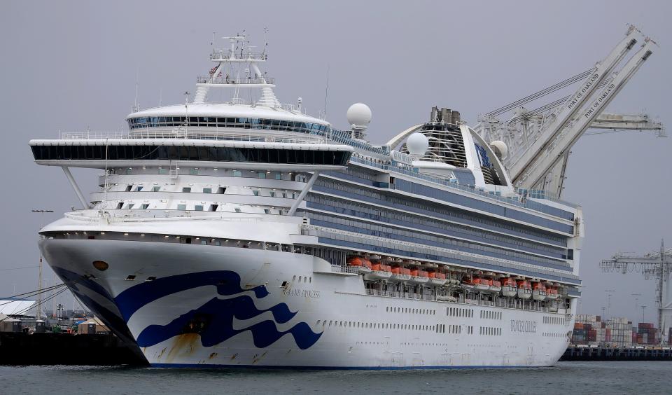 The Grand Princess cruise ship is shown docked at the Port of Oakland on Saturday, March 14, 2020, in Oakland, Calif. All American citizens have disembarked from the ship.