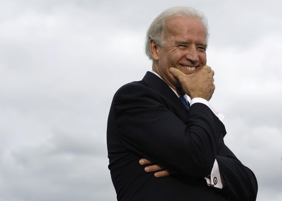 Democratic vice presidential candidate Sen. Joe Biden, D-Del., listens during his stop at Flat Rock Community High School in Flat Rock, Mich., Monday, Sept. 15, 2008. (AP Photo/Paul Sancya)