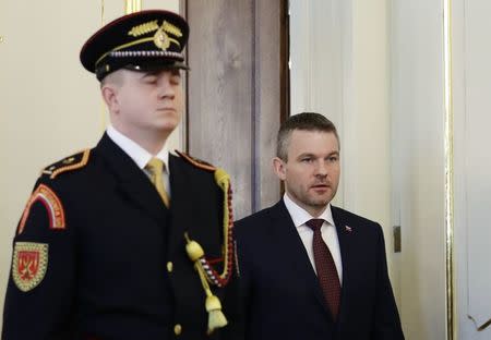 Newly appointed Slovak Prime Minister Peter Pellegrini arrives for the ceremony in Bratislava, Slovakia, March 22, 2018. REUTERS/David W Cerny