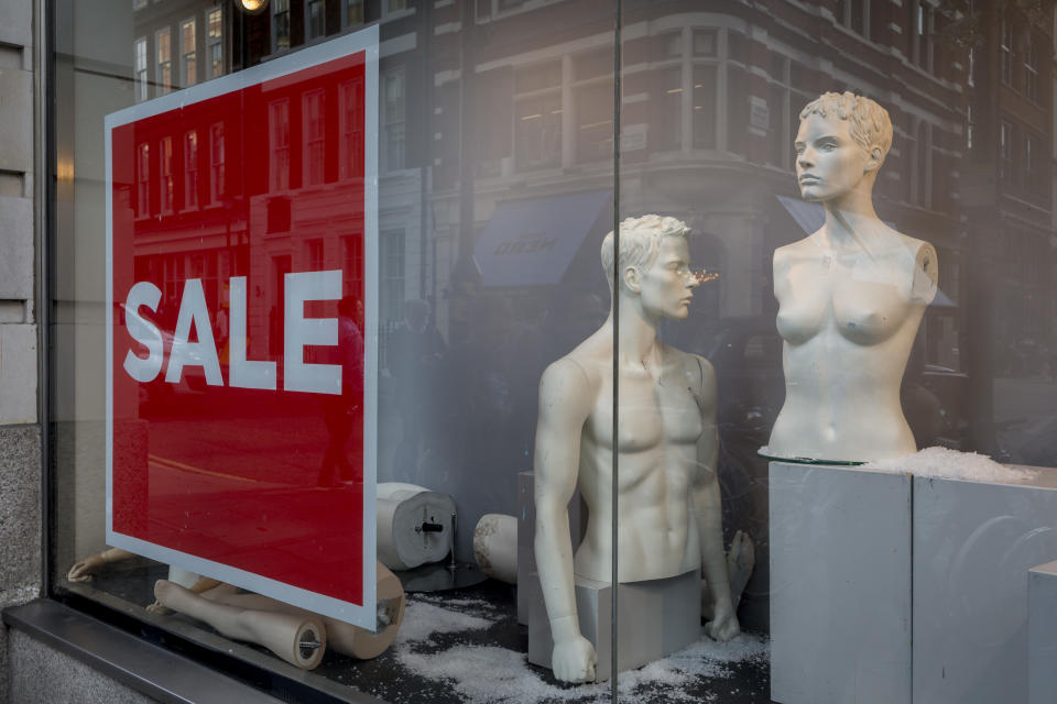 Disjointed mannequins in the window of an outdoor retailer with a Sale, on 28th March, 2017, in London, England. (Photo by Richard Baker / In Pictures via Getty Images Images)