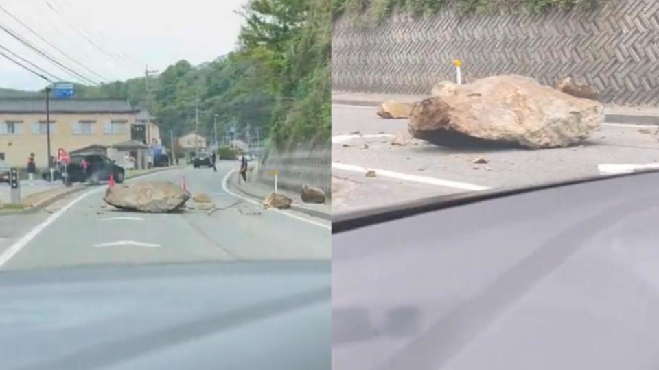 有駕駛拍攝到當地的公路中間堆積大塊落石，所幸沒有砸到路過車輛。（圖／翻攝自推特）