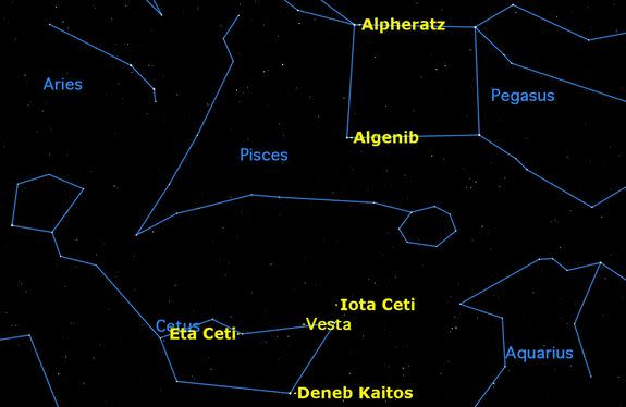 A wide-angle view of the autumn constellations, showing the position of the asteroid Vesta in the constellation Cetus.