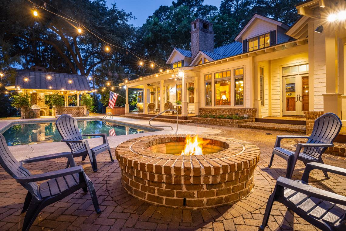 A twilight partial view from behind the residence at 95 Gascoigne Bluff Road in Bluffton, SC.