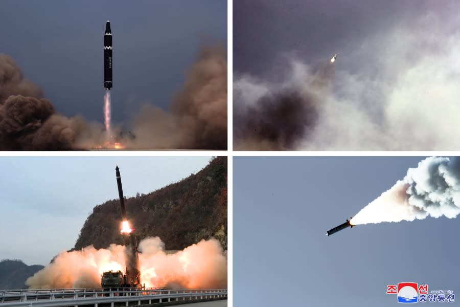 北韓試射搭載新開發的高超音速滑翔飛行戰鬥部的「火星砲-16B」(Hwasongpho-16B)。   圖：翻攝朝中社