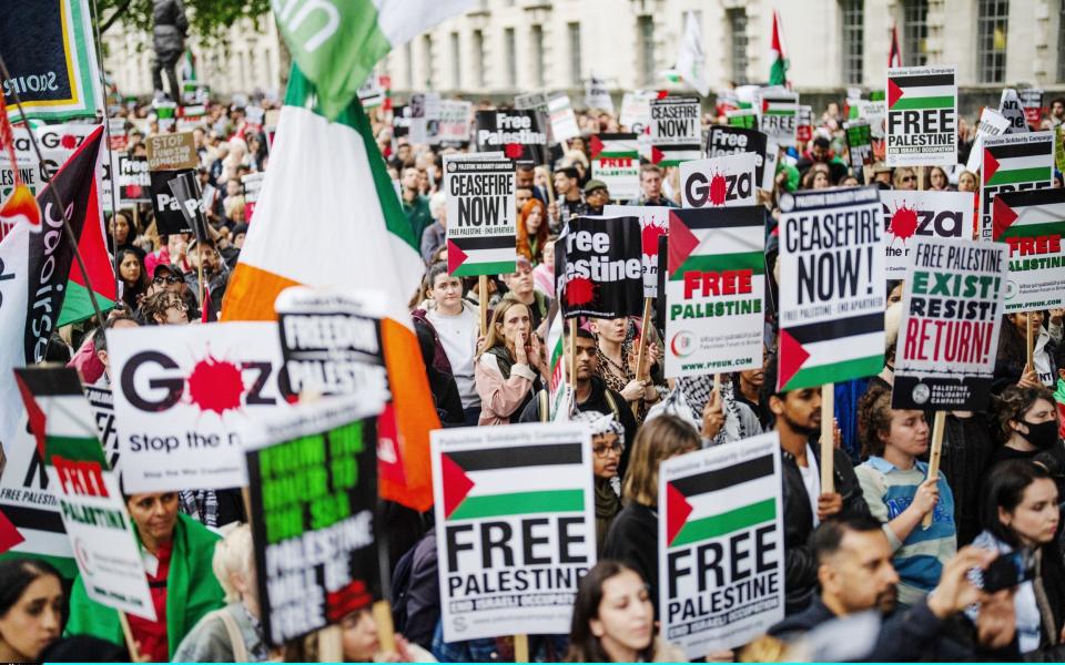 Pro-Palestine protestors walk through London with signs