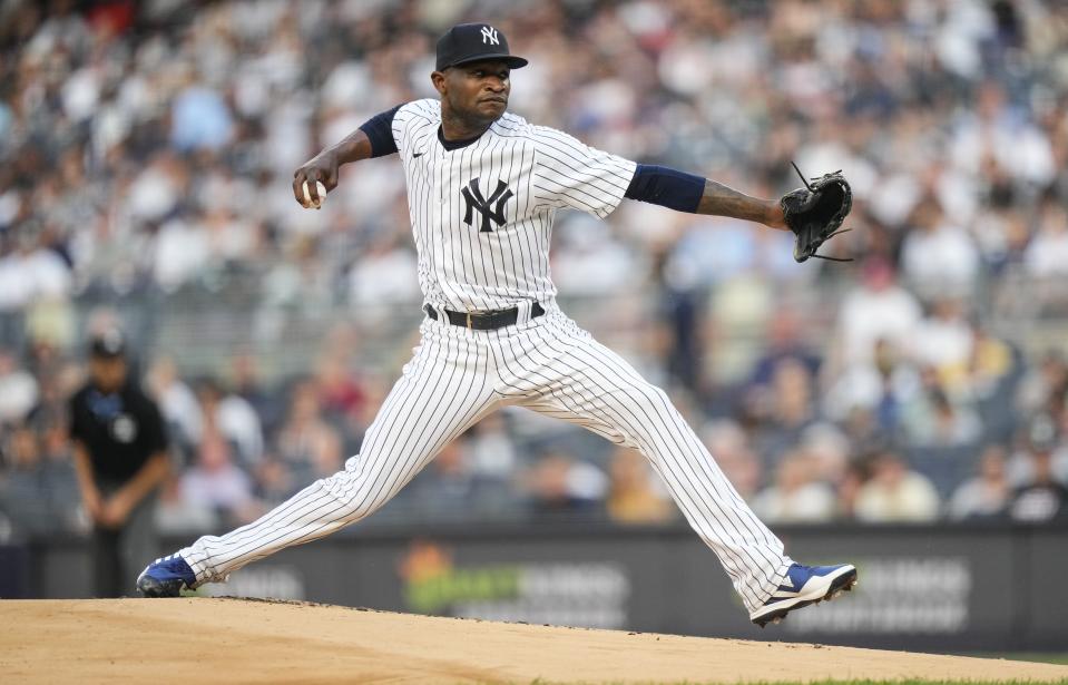 New York Yankees' Domingo German pitches during the first inning of a baseball game against the Baltimore Orioles, Monday, July 3, 2023, in New York. (AP Photo/Frank Franklin II)