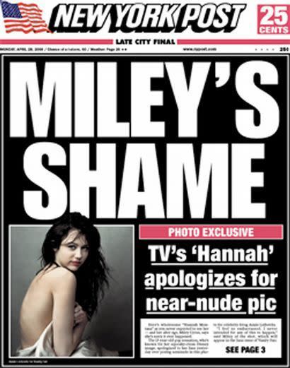 The front page of the 2008 <em>New York Post </em>issue headlining Miley Cyrus’s controversial photo. (Photo: New York Post)